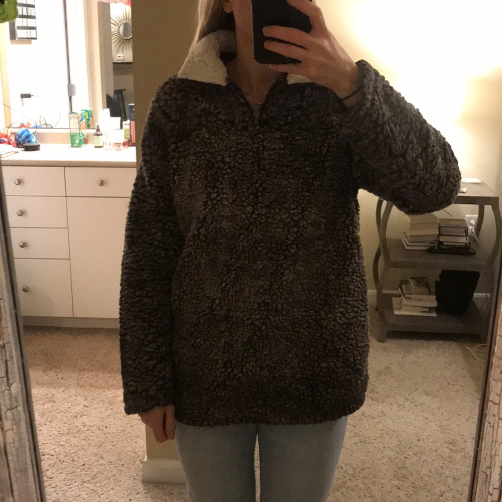 Brown and white faux Sherpa quarter zip pull over
